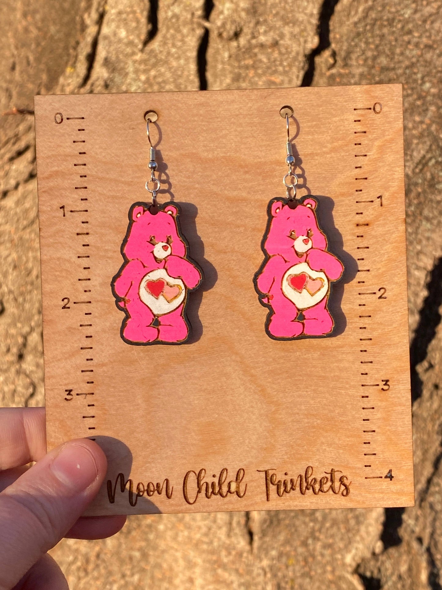 Love A Lot Care Bear Hand Painted Wood Dangle Earrings