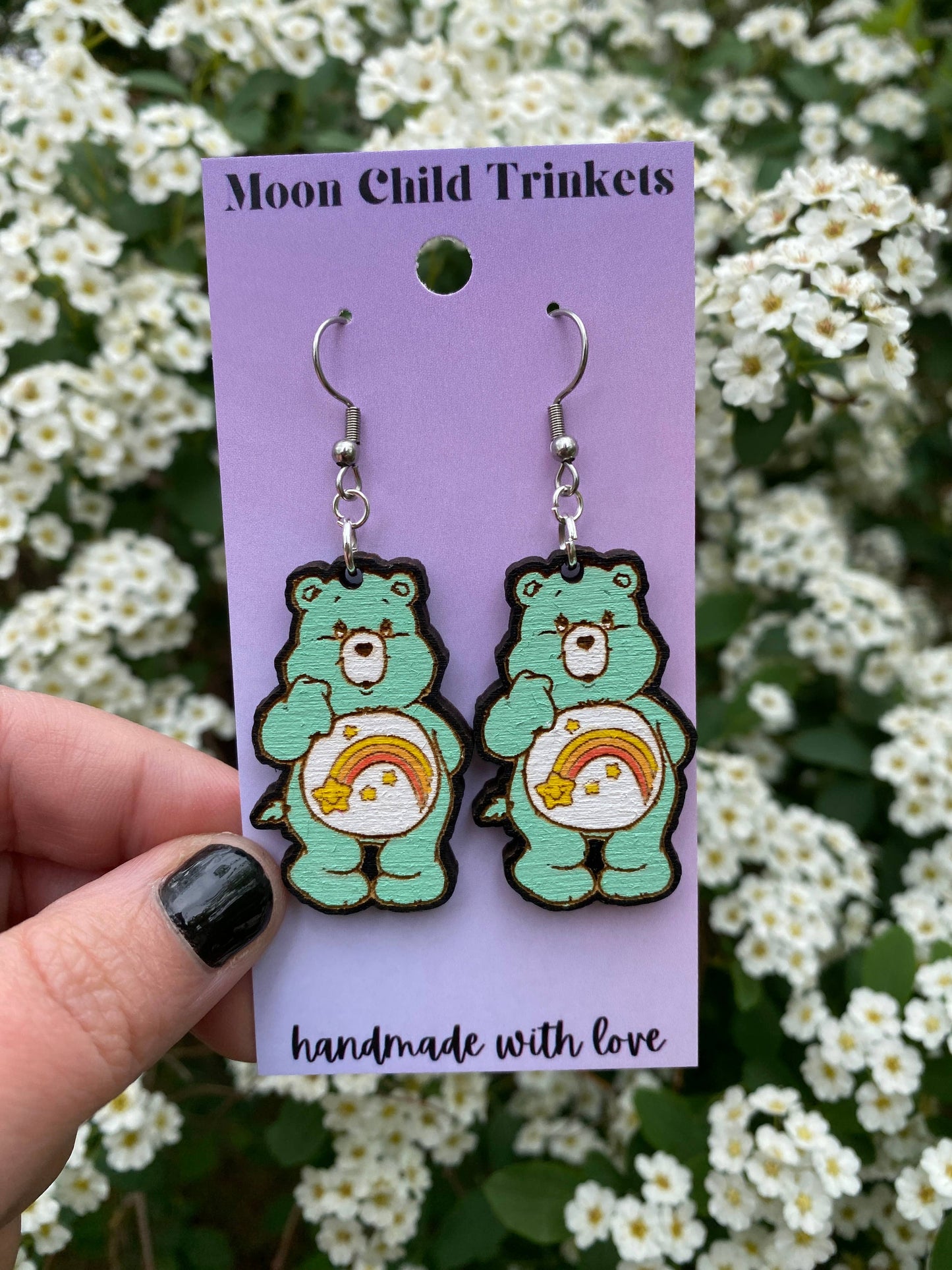 Wish Care Bear Hand Painted Wood Dangle Earrings