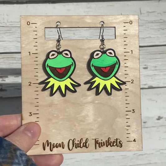 Muppets Kermit the Frog Hand Painted Wood Dangle Earrings