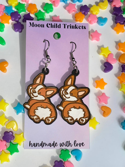 Corgi Dog Hand-Painted Wood Dangle Earrings