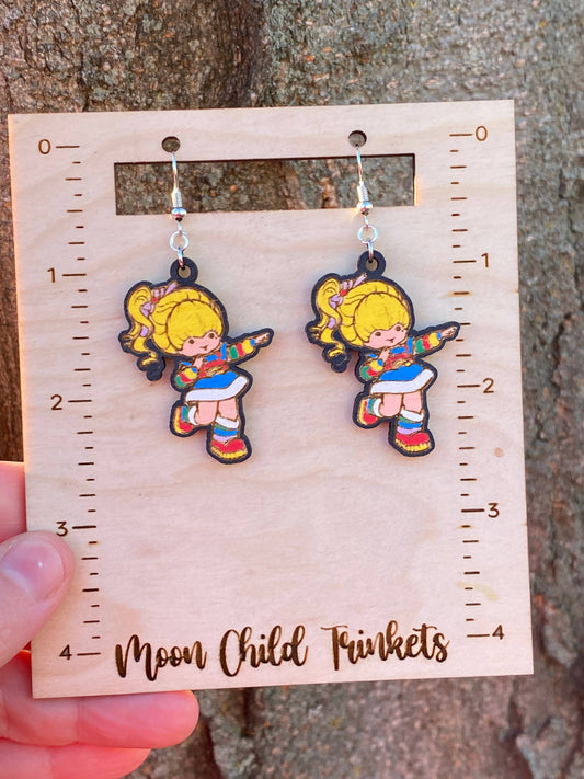 Rainbow Brite Hand Painted Wood Dangle Earrings