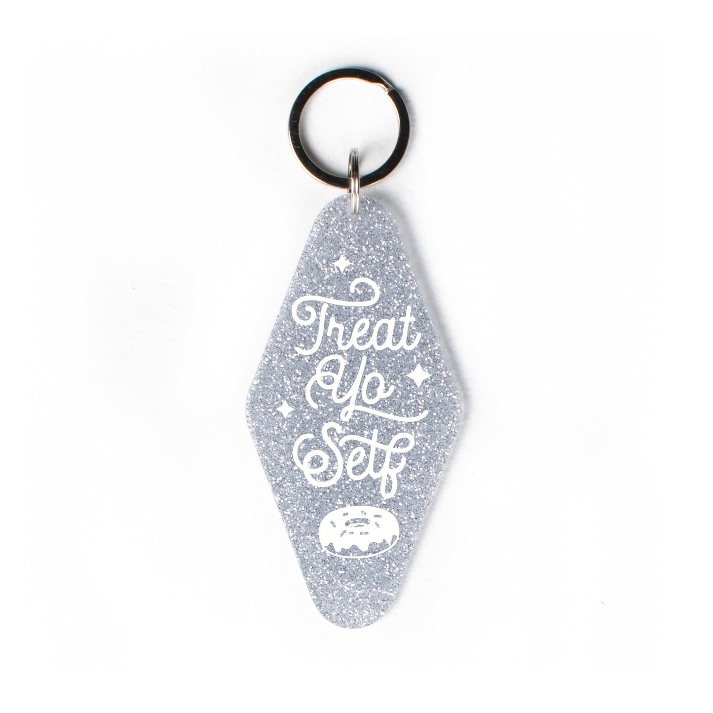 "Treat Yo Self Glitter" Motel Keychain in Silver