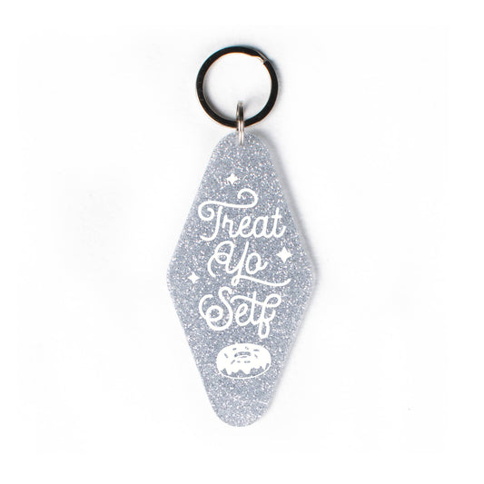 "Treat Yo Self Glitter" Motel Keychain in Silver