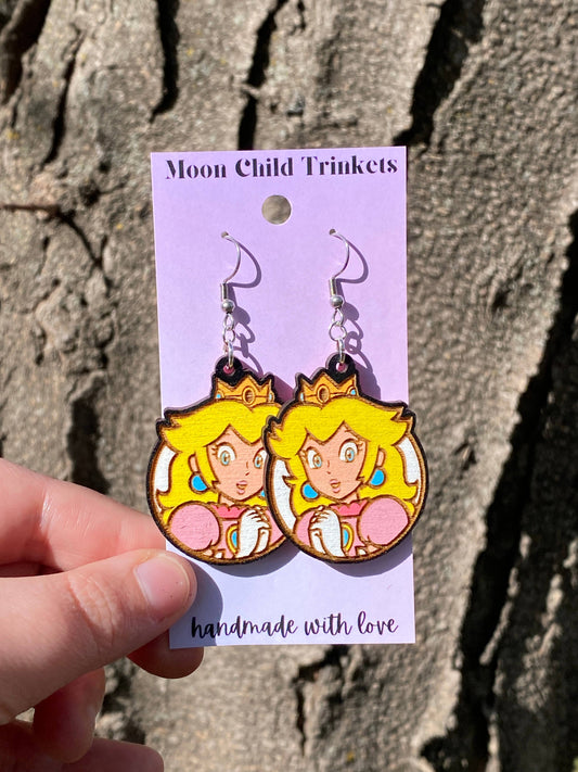 Princess Peach Super Mario Hand Painted Wood Dangle Earrings