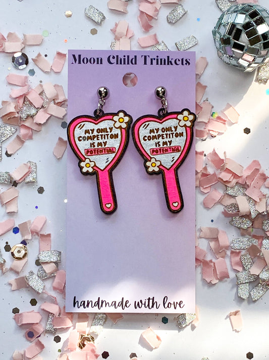 Positive Affirmation Heart Mirror Hand Painted Wood Earrings, "My Only Competition Is My Potential"