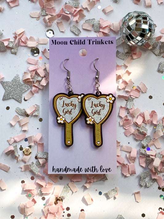Lucky Girl Affirmation Mirror Hand Painted Wood Earrings