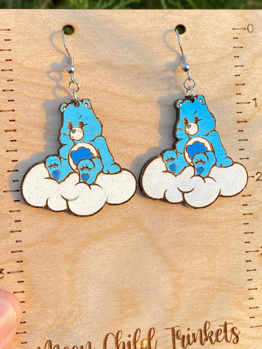 Care Bears Grumpy Bear Hand Painted Wood Dangle Earrings