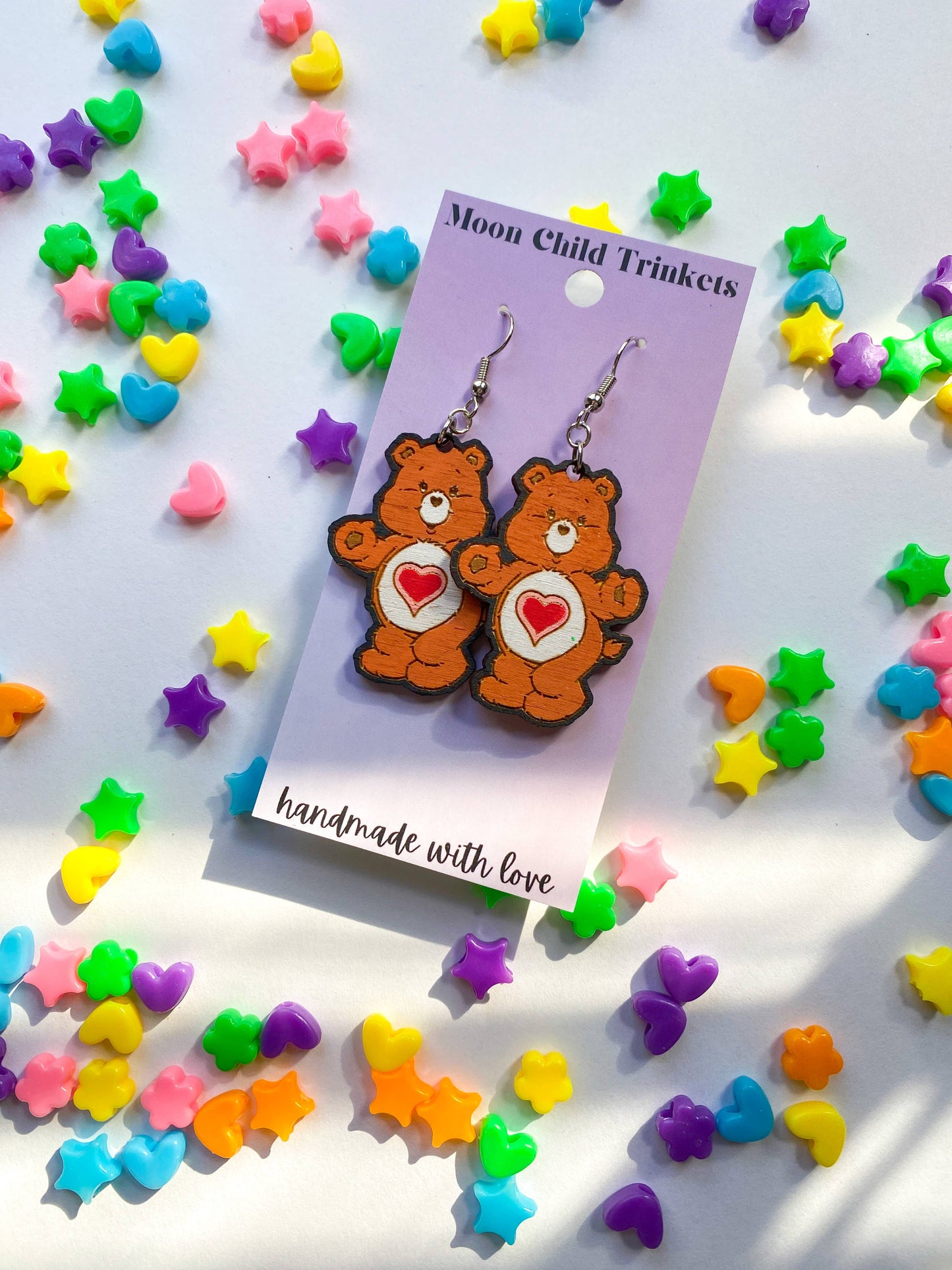 Tenderheart Care Bear Hand Painted Wood Dangle Earrings
