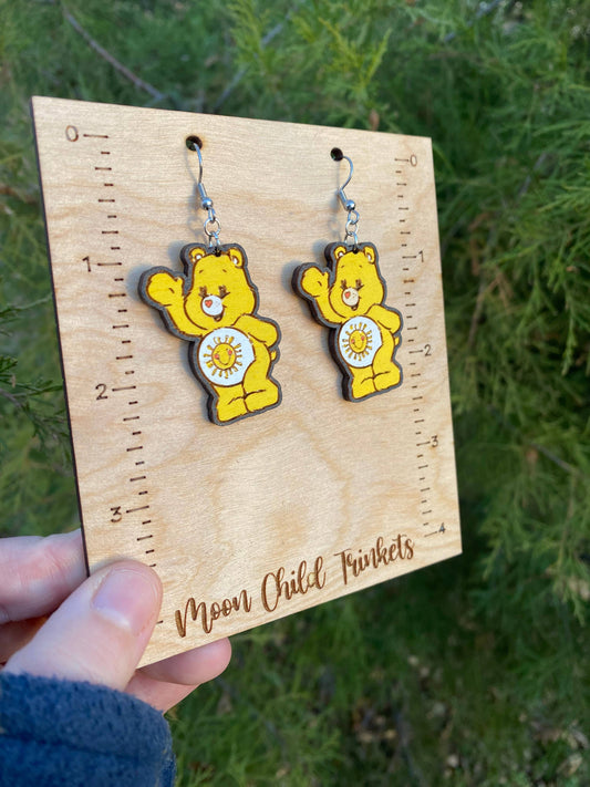 Care Bears Sunshine Bear Hand Painted Wood Dangle Earrings