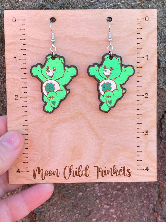 Good Luck Care Bear Hand Painted Wood Dangle Earrings