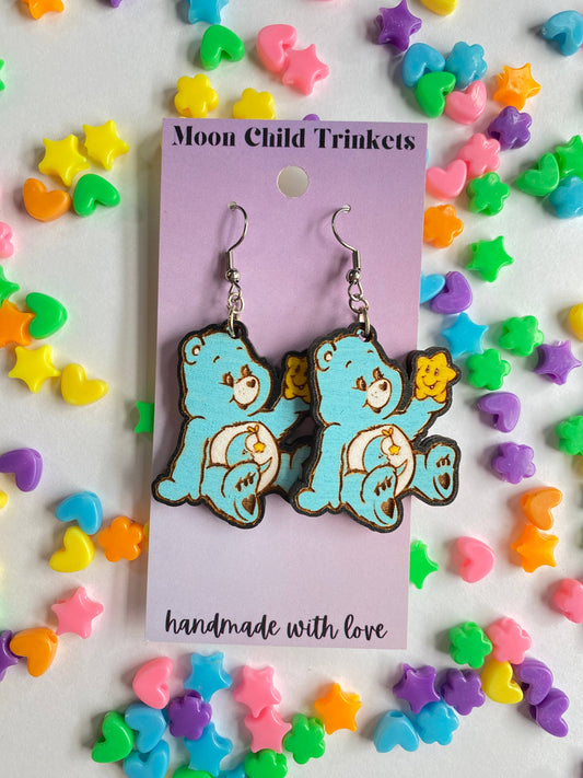Bedtime Bear Hand Painted Wood Dangle Earrings